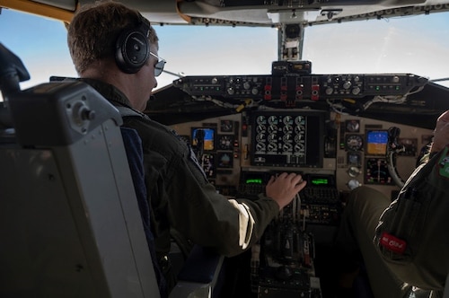 U.S. Air Force Capt. Hunter Striegel, 116th Air Refueling Squadron pilot, flies a KC-135 during a 72-hour endurance mission, Oct. 4, 2022.  The 92nd Air Refueling Wing, along with mission partners, continuously operated two participating KC-135 Stratotankers for 72 hours to demonstrate the fleet’s ability to project unrivaled global reach. (U.S. Air Force Photo by 2nd Lt. Ariana E. Wilkinson)