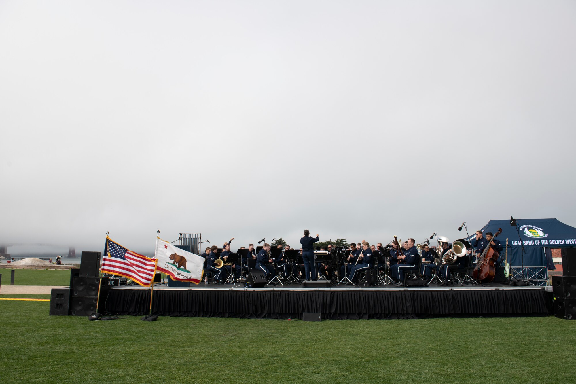 The U.S. Air Force Band of the Golden West from Travis Air Force Base, California, practices before a concert performance at the Presidio Tunnel Tops, San Francisco, California, Oct. 6, 2022.
