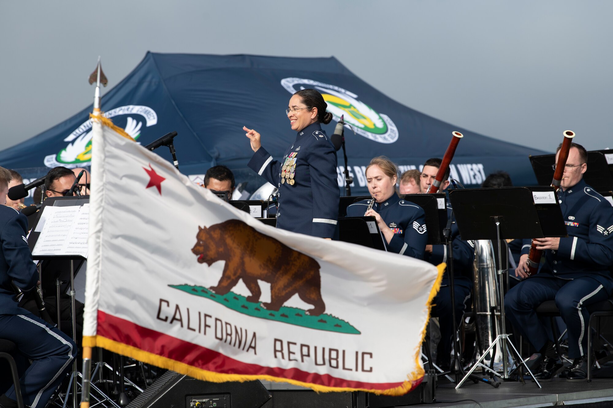 The U.S. Air Force Band of the Golden West from Travis Air Force Base, California, performs at the Presidio Tunnel Tops, San Francisco, California, Oct. 6, 2022.