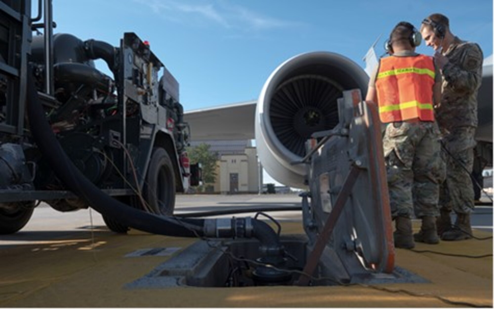 Airmen assigned to the 92nd Logistics Readiness Squadron and the 92nd Maintenance Squadron, participate in hot-pit fueling of a KC-135 Stratotanker aircraft during a 72-hour endurance mission at Fairchild Air Force Base, WA, Oct. 4, 2022. Hot-pit refueling allowed the crews to demonstrate the tanker “drop-in” concept with minimum time spent vulnerable on the ground, a strategy that is crucial to survivability. (U.S. Air Force Photo by 2nd Lt. Ariana E. Wilkinson)