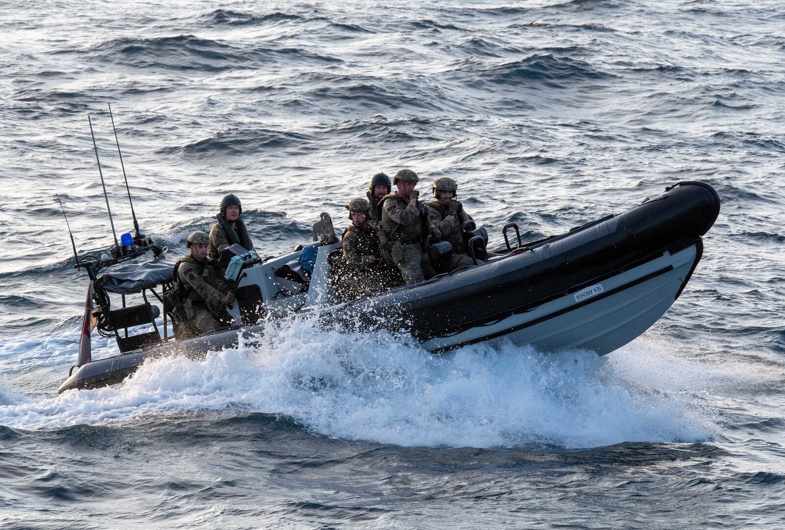 GULF OF OMAN (Oct. 2, 2022) A boarding team from the United Kingdom’s Royal Navy frigate HMS Montrose (F236) transits international waters in the Gulf of Oman, Oct. 2.