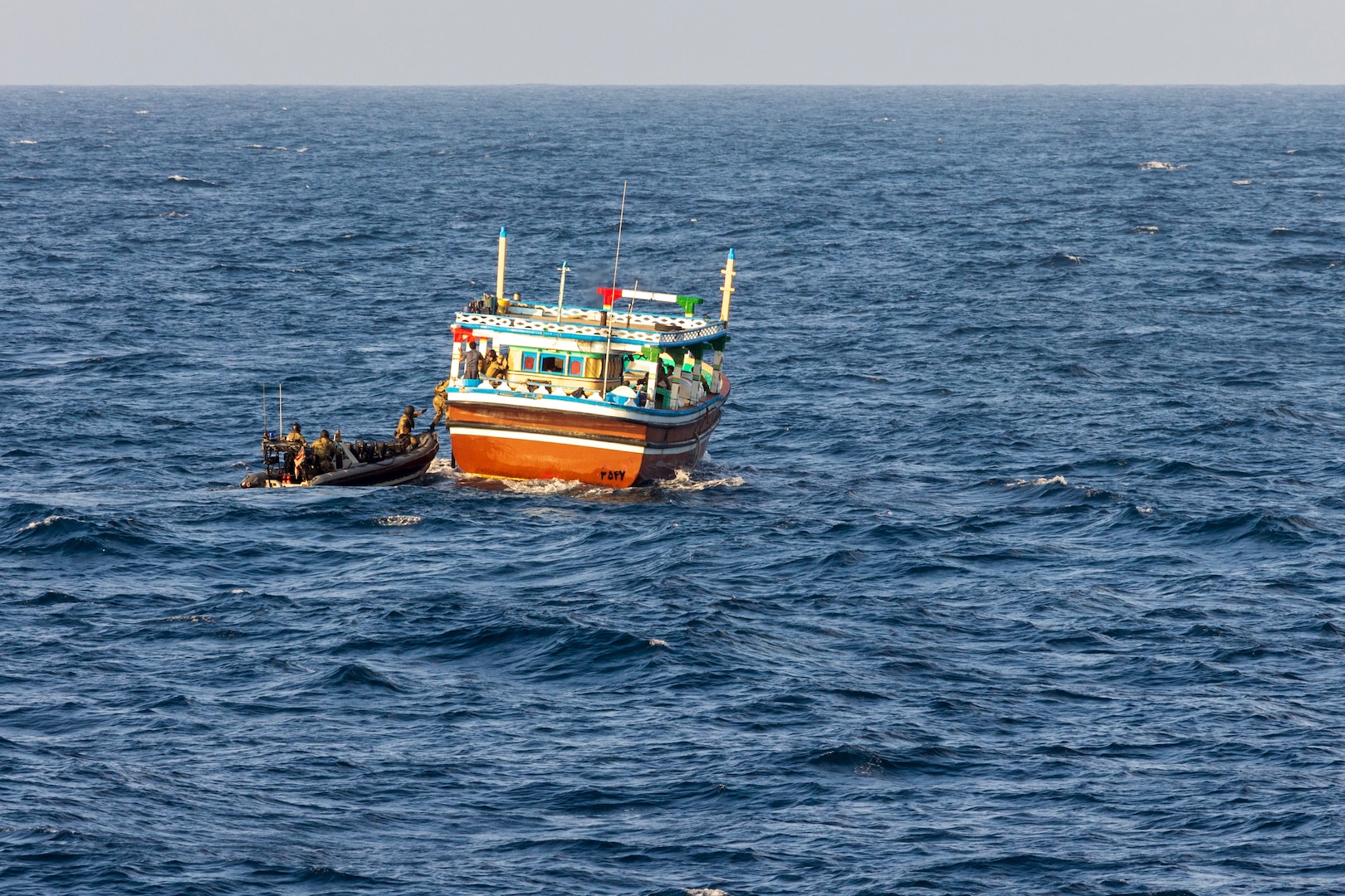 GULF OF OMAN (Oct. 2, 2022) A boarding team from the United Kingdom’s Royal Navy frigate HMS Montrose (F236) interdict a fishing vessel in international waters in the Gulf of Oman, Oct. 2.