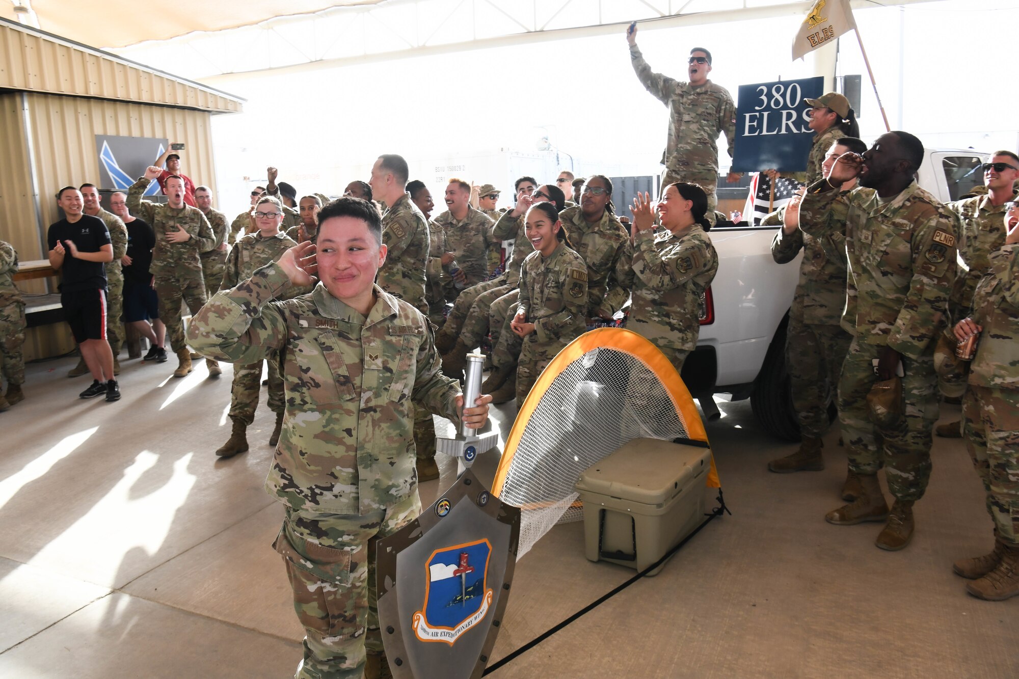 The 380th Air Expeditionary Wing celebrated their top performers during a quarterly awards ceremony at the Phantom Pavilion, October 4, 2022 at Al Dhafra Air Base, United Arab Emirates. Embracing the spirit of football season, the theme for the third quarter awards was a tailgating event. Airmen were encouraged to wear their favorite team’s jerseys and decorate their sections while they cheered on their Wingmen.