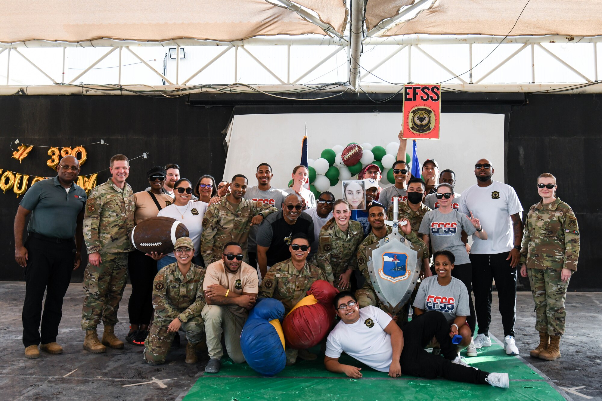 The 380th Air Expeditionary Wing celebrated their top performers during a quarterly awards ceremony at the Phantom Pavilion, October 4, 2022 at Al Dhafra Air Base, United Arab Emirates. Embracing the spirit of football season, the theme for the third quarter awards was a tailgating event. Airmen were encouraged to wear their favorite team’s jerseys and decorate their sections while they cheered on their Wingmen.