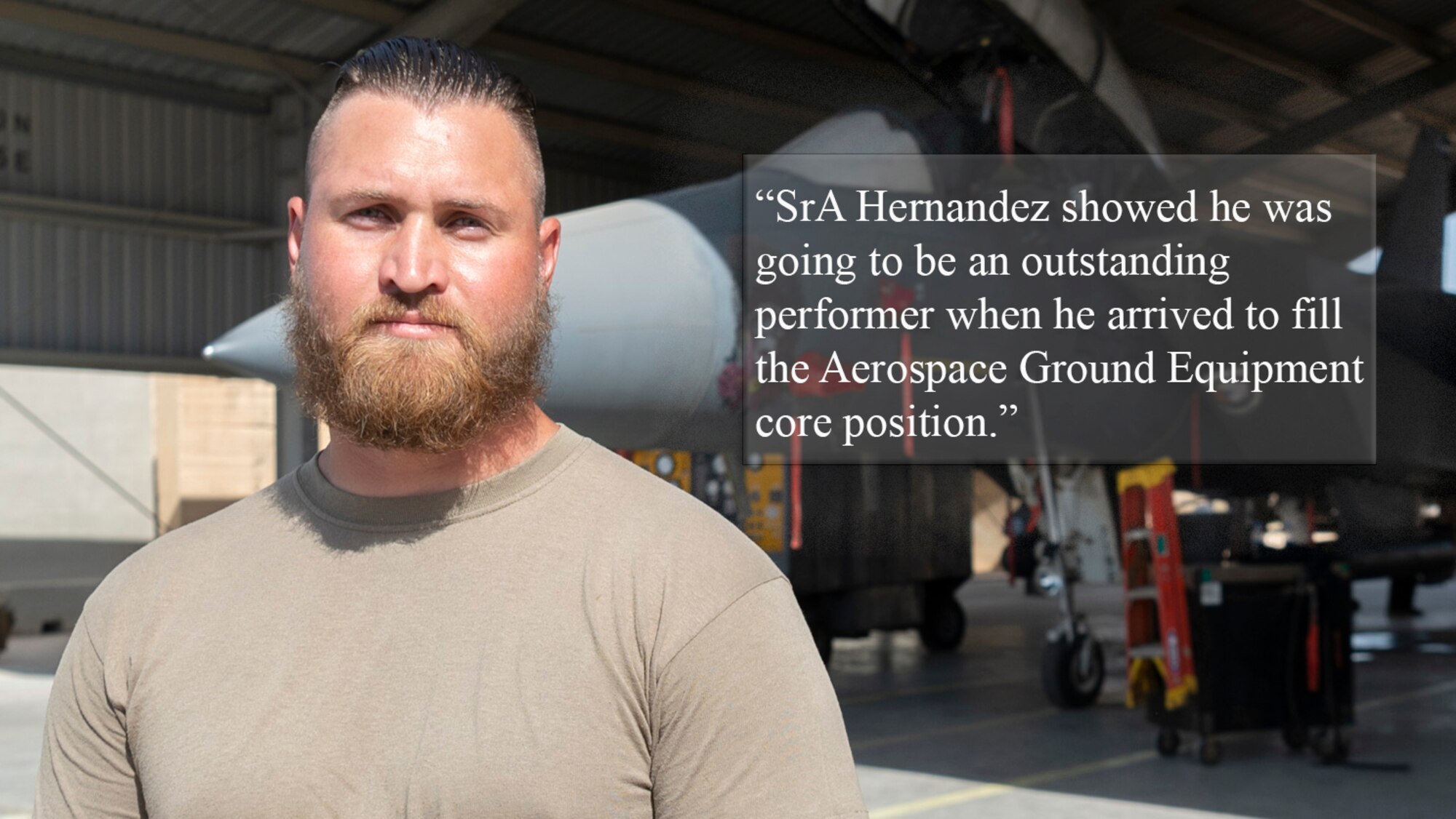 Senior Airman Jeremy Hernandez, 332d Aerospace Ground Equipment journeyman, is the recipient of the 332d Air Expeditionary Wing’s ‘Warrior of the Week” award at an undisclosed location in Southwest Asia, October 4, 2022. Hernandez earned recognition for his accomplishments as he led the reinvigoration of section programs ensuring zero findings during a wing Hazardous Communication program inspection (U.S. Air Force photo by Tech. Sgt. Jeffery Foster)