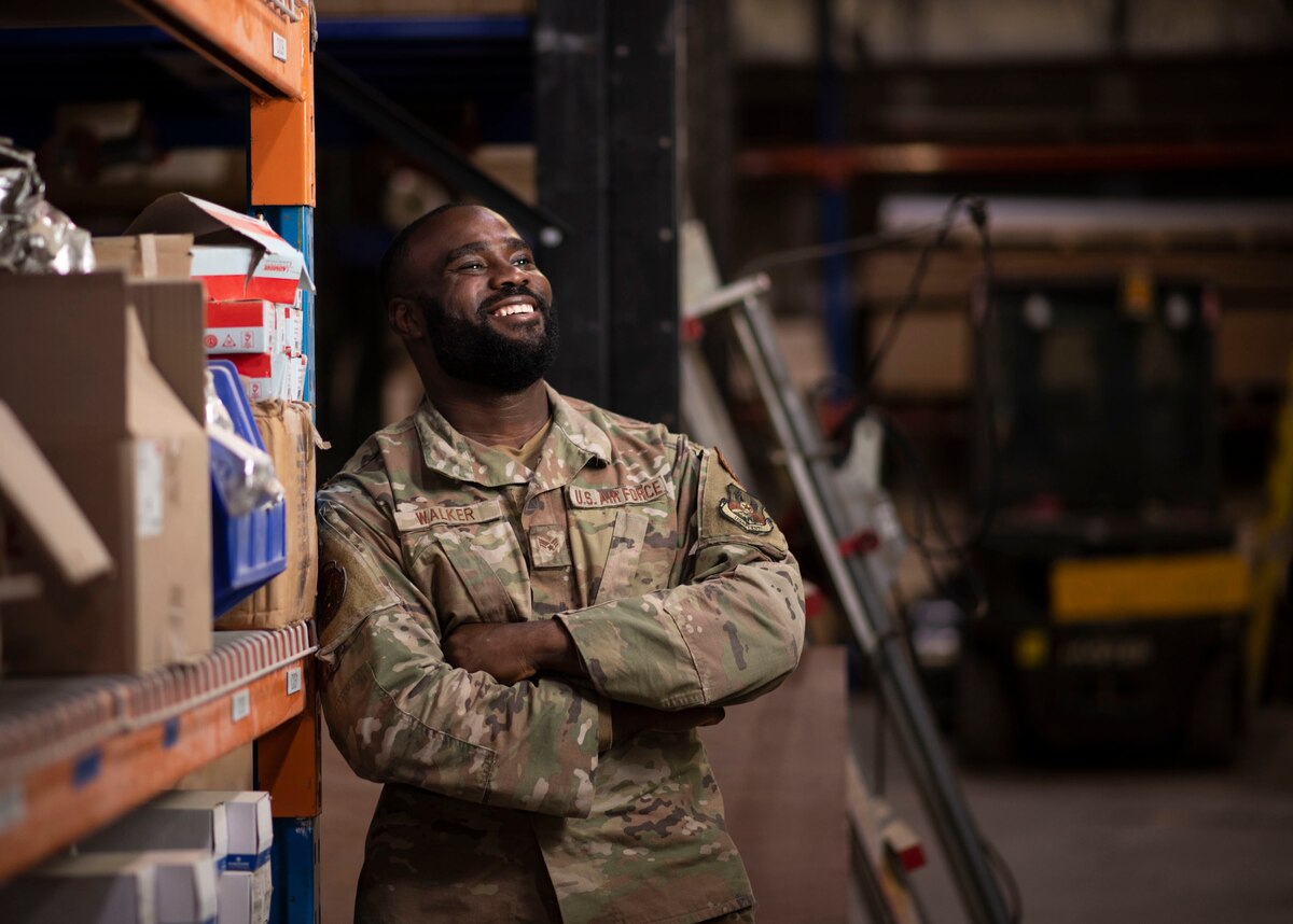 U.S. Air Force Senior Airman Cameron Walker, 386th Expeditionary Civil Engineer Squadron inventory technician, works at the U-Fix-It building on Ali Al Salem Air Base, Kuwait, September 20, 2022. "The U-Fix-It is unique to not just me but the Air Force because we don't have one at home station. You have the opportunity as a customer to come in here and accomplish that minor project by yourself." (U.S. Air Force photo by Staff Sgt. Ashley N. Mikaio)