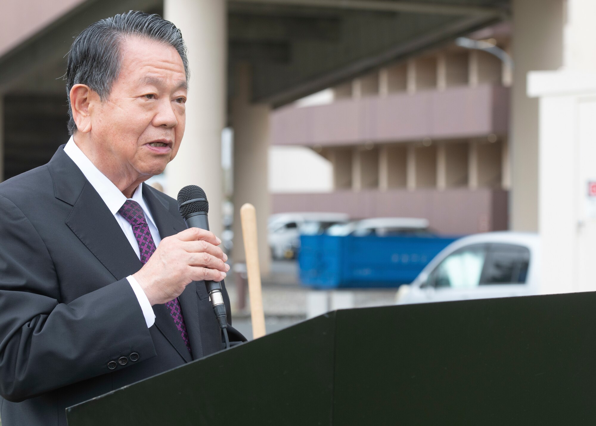 Fumioki Hirahata, Akishima-Yokota Friendship Club president, gives remarks during a tree planting ceremony at Yokota Air Base, Japan, Oct. 5, 2022.