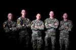 The Army National Guard’s Best Squad competitors pose for a photo at Fort Benning, Georgia, before competing in the U.S. Army’s Best Squad Competition Sept. 29 to Oct. 10, 2022.  From left: Sgt. Austin Manville, New York National Guard; Spc. Nathaniel Miska, Minnesota National Guard; Staff Sgt. Bryan Kummer, Nebraska National Guard; Sgt. Tyler Holloway, Wyoming National Guard, Spc. Wyatt Walls, Oregon National Guard.