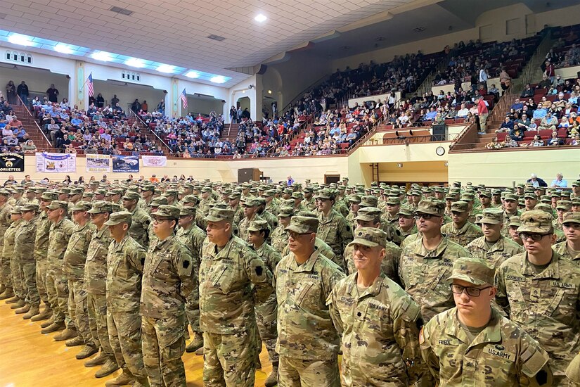 U.S. Soldiers with Headquarters and Headquarters Battalion, 28th Infantry Division, and their families are honored during a deployment ceremony at Zembo Shrine Auditorium. These Soldiers are deploying to the Middle East for a year in support of Operation Spartan Shield.