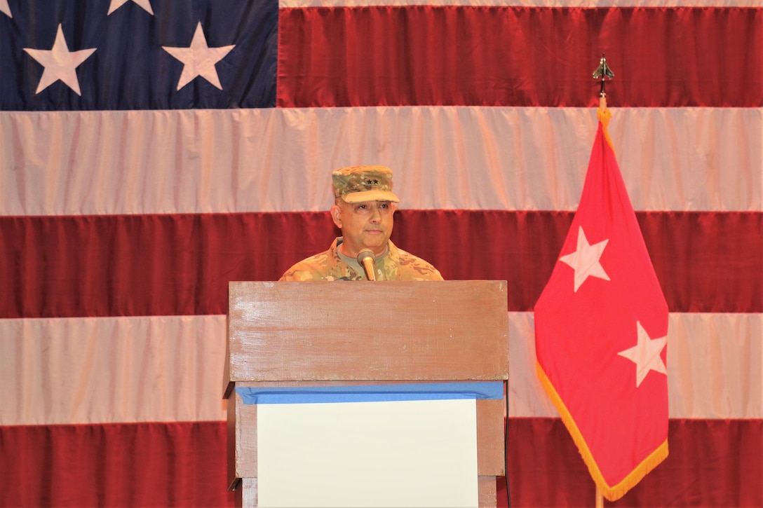 U.S. Army Maj. Gen. Mark McCormack, commanding general of the 28th Infantry Division, speaks during a deployment ceremony honoring Soldiers with Headquarters and Headquarters Battalion, 28th Infantry Division, and their families at Zembo Shrine Auditorium. These Soldiers are deploying to the Middle East for a year in support of Operation Spartan Shield.