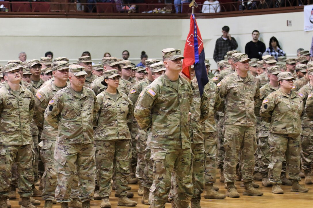 U.S. Soldiers with Headquarters and Headquarters Battalion, 28th Infantry Division, and their families are honored during a deployment ceremony at Zembo Shrine Auditorium. These Soldiers are deploying to the Middle East for a year in support of Operation Spartan Shield.