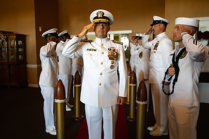 NAVAL STATION MAYPORT, Fla. (Oct. 7, 2022) - Side boys pipe aboard Vice Adm. Jim Kilby,  commander, Task Force 80 and deputy commander, U.S. Fleet Forces for Commander, Naval Surface Squadron (CNSS) 14 change of command ceremony. Vice Adm. Kilby served as guest speaker for the CNSS 14 change of command and retirement ceremony for Capt. Ken Anderson. (U.S. Navy photo by Mass Communication Specialist 2nd Class Juel Foster)