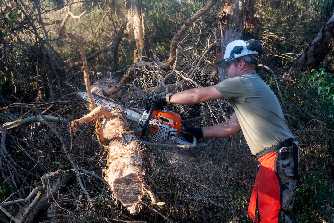A soldier cuts through branches of a downed tree with a chainsaw.