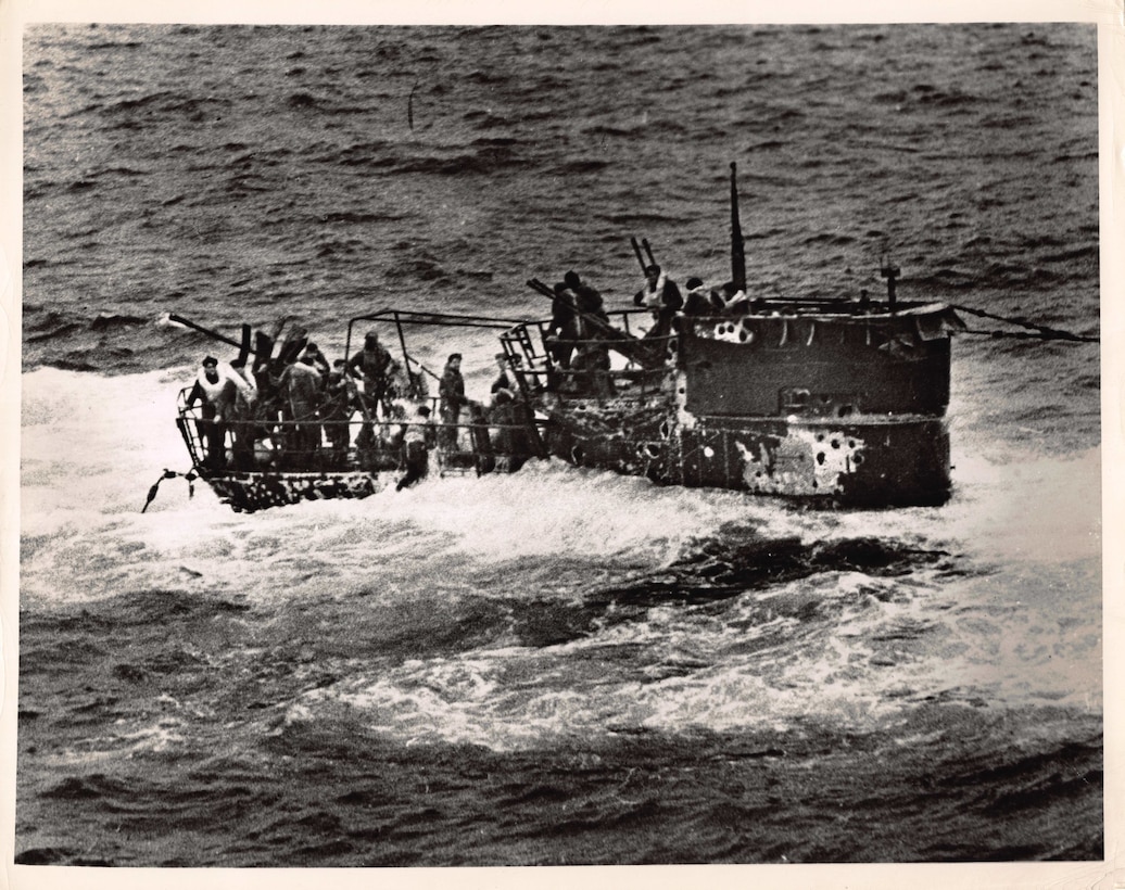 A sinking U-boat off New York harbor, 1944.
