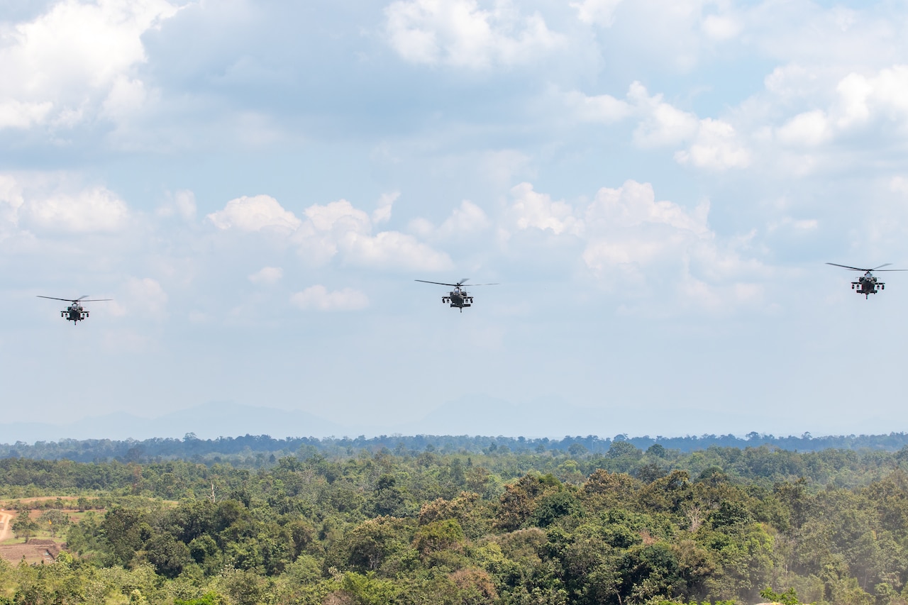 Three helicopters fly over a forested area.
