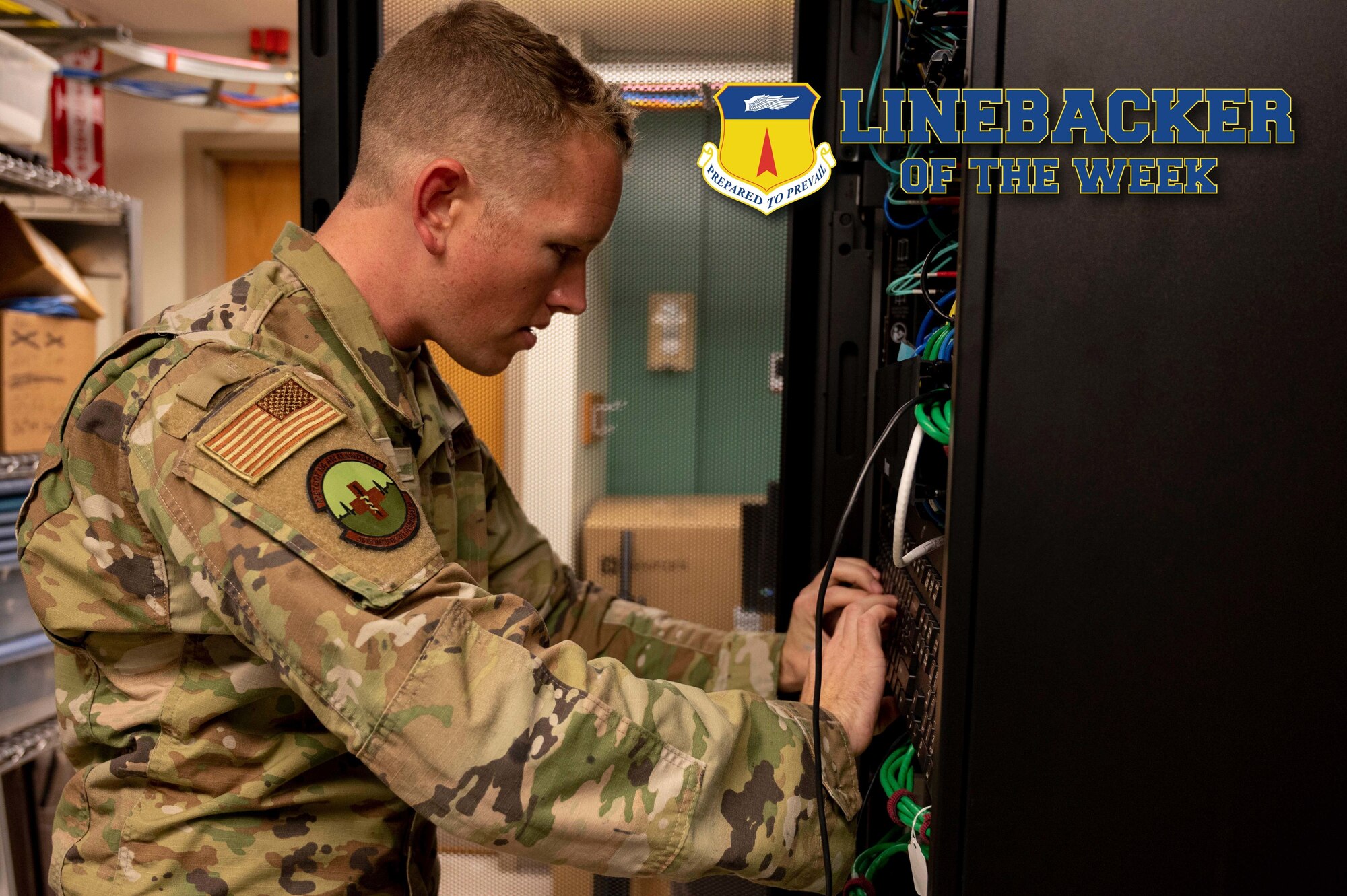 U.S. Air Force Staff Sgt. Barry East, the noncommissioned officer in charge of health information systems assigned to the 36th Healthcare Operations Squadron, works on a server at Andersen Air Force Base, Guam, Oct. 5, 2022. East oversees three contractors, supporting 13 clinics and 36,000 annual appointments. (U.S. Air Force photo illustration by Airman 1st Class Emily Saxton)