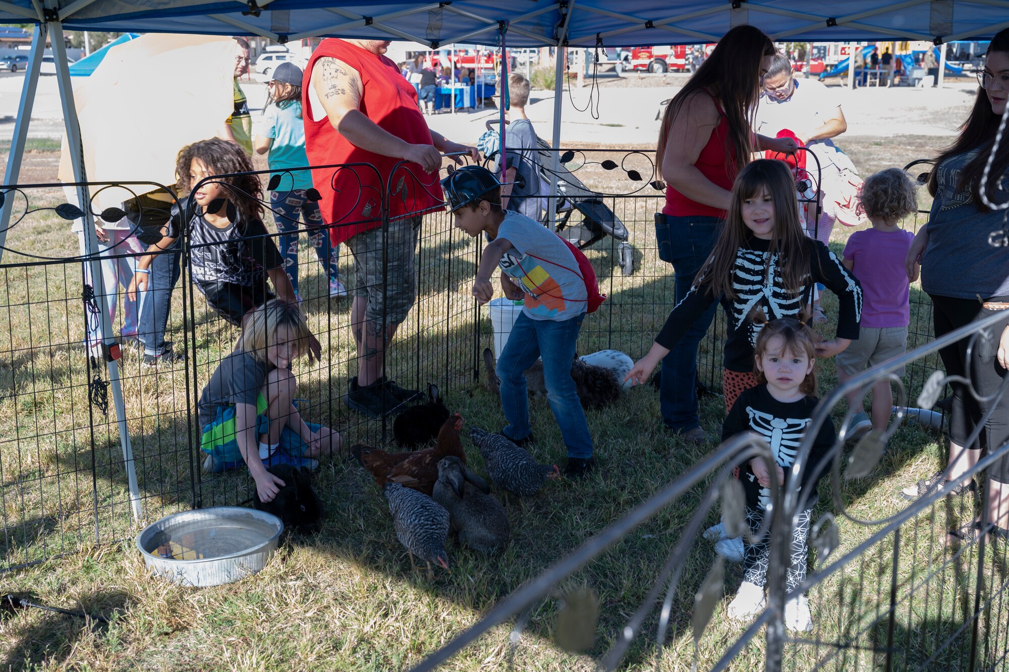 Team Holloman children participate in a petting zoo during the National Night Out event at Holloman Air Force Base, New Mexico, Oct. 4, 2022. The event held a multitude of family friendly activities along with information booths for the 49th Wing and local law enforcement agencies around the Holloman and Alamogordo communities. (U.S. Air Force photo by Airman 1st Class Isaiah Pedrazzini)