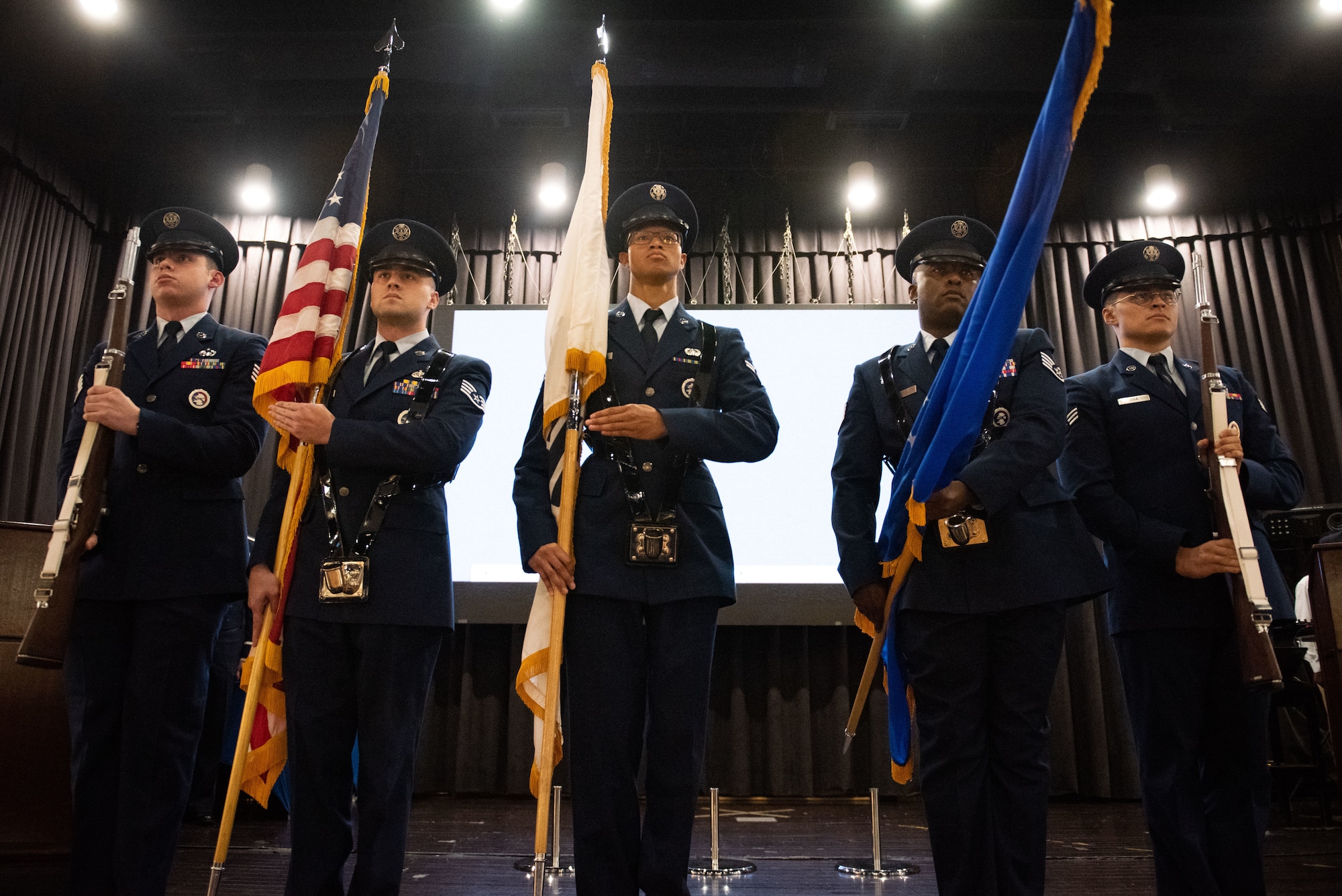 Osan Honor Guard presents the colors during a Senior Non-Commissioned Officer Induction Ceremony at Osan Air Base, Republic of Korea, Oct. 6, 2022.