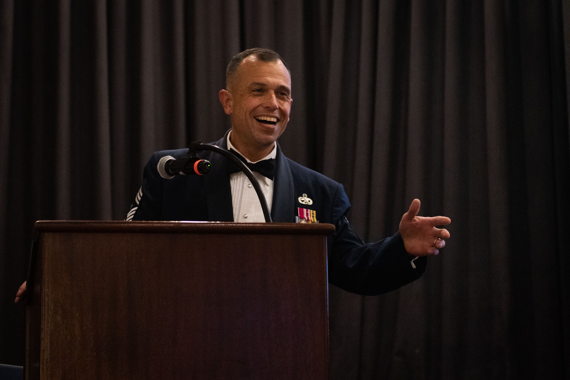 U.S. Air Force Chief Master Sgt. John Alsvig, 51st Fighter Wing command chief, gives a speech during a Senior Non-Commissioned Officer Induction Ceremony at Osan Air Base, Republic of Korea, Oct. 6, 2022.