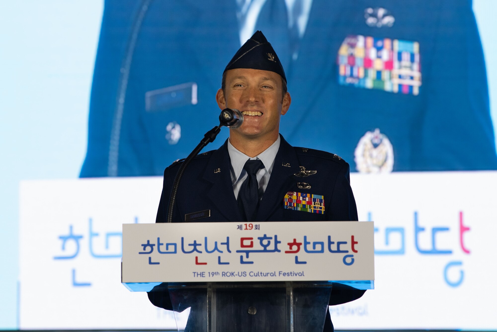 Col. Paul Davidson, 51st Fighter Wing vice commander, gives a speech during the 19th Republic of Korea and the United States Cultural Festival, in front of Osan Air Base, Republic of Korea, Oct. 8, 2022.