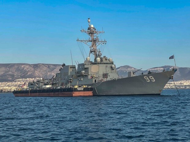 The Arleigh Burke-class guided-missile destroyer USS Farragut (DDG 99) anchors in Piraeus, Greece for a scheduled port visit, Oct. 10, 2022.
