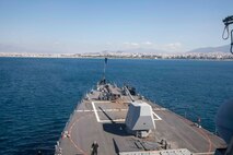 The Arleigh Burke-class guided-missile destroyer USS Farragut (DDG 99) arrives in Piraeus, Greece for a scheduled port visit, Oct. 10, 2022.