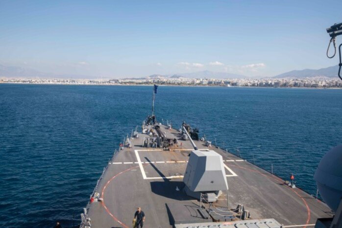 The Arleigh Burke-class guided-missile destroyer USS Farragut (DDG 99) arrives in Piraeus, Greece for a scheduled port visit, Oct. 10, 2022.