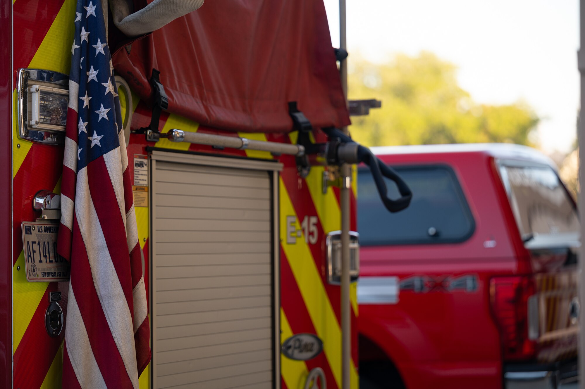 A firetruck assigned to the 1st Special Operations Civil Engineer Squadron idles outside of Firehouse #1 during the Fire Prevention Week Proclamation signing at Hurlburt Field, Florida, Oct. 6, 2022.