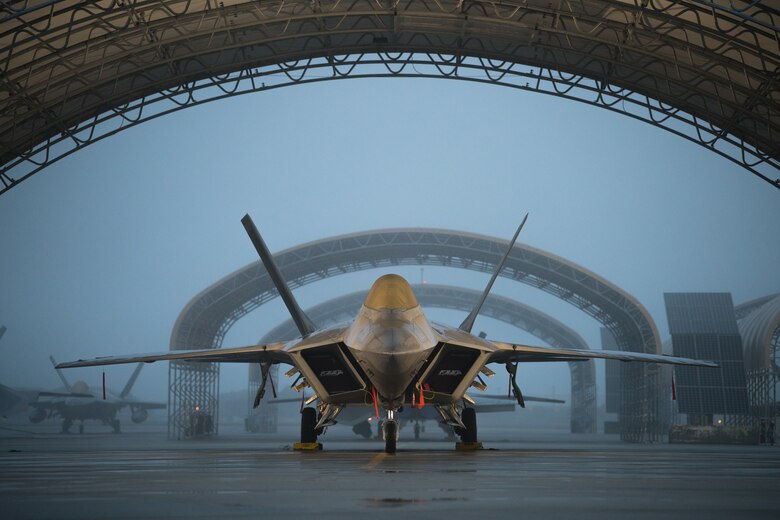 An F-22 is parked on the flightline on a foggy morning, Dec. 2, 2018, at Joint Base Langley Eustis, Virginia. (U.S. Air National Guard photo by Senior Airman Bryan Myhr)