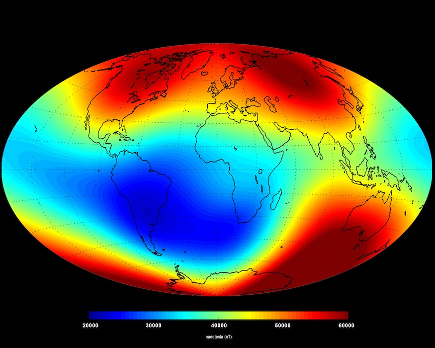 Major components of Earth’s magnetic field include the stronger core field, shown here, and the crustal field. The core field is stronger but varies slowly over time.
