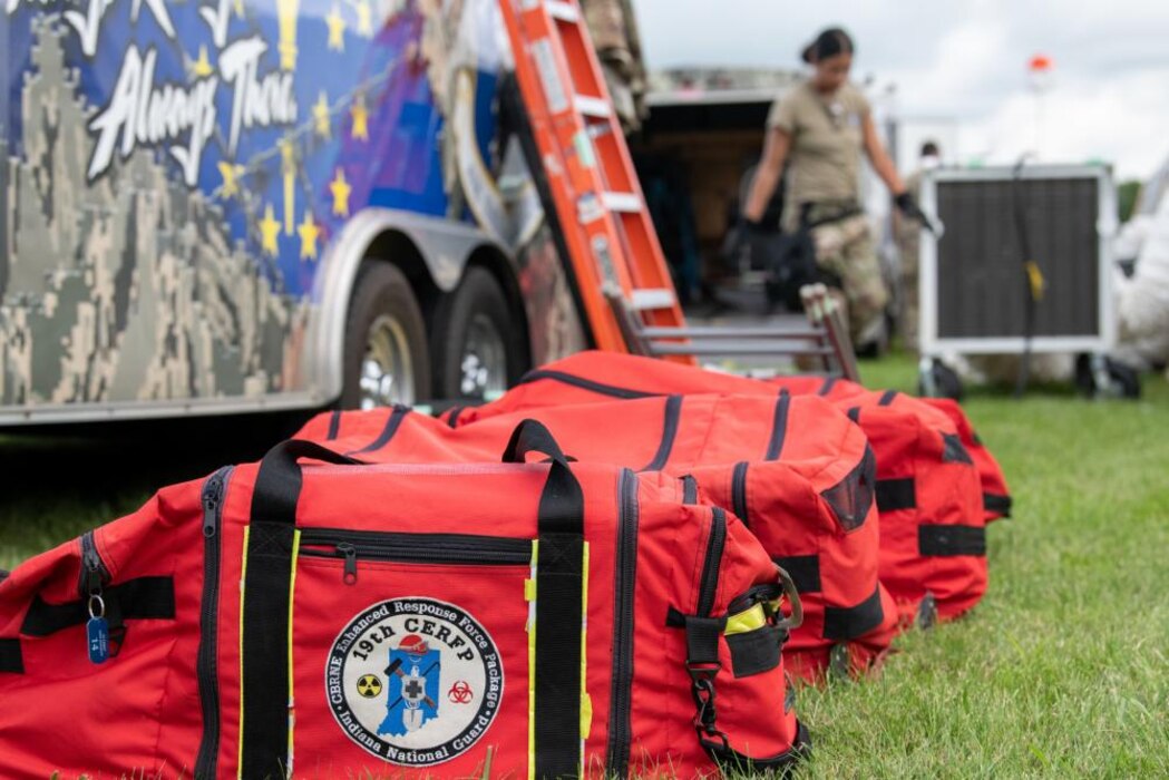 Airmen assigned to the 181st Medical Group, Indiana Air National Guard set up medical tents and equipment during the 19th Chemical, Biological, Radiological, Nuclear, and high-yield Explosives Enhanced Response Force Package pre-external evaluation sustainment year collective training eventat Camp Atterbury Joint Maneuver Training Center, Ind., Aug. 10, 2022.