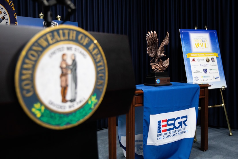 The Secretary of Defense Freedom Award sits on a table at the Kentucky State Capitol in Frankfort, Ky. on Sept. 29, 2022. The Freedom Award is given to civilian employers of the Guard and Reserves by the Employer Support of the Guard and Reserve for exceptional commitment to servicemembers' military careers. (U.S. Army photo by Andy Dickson)