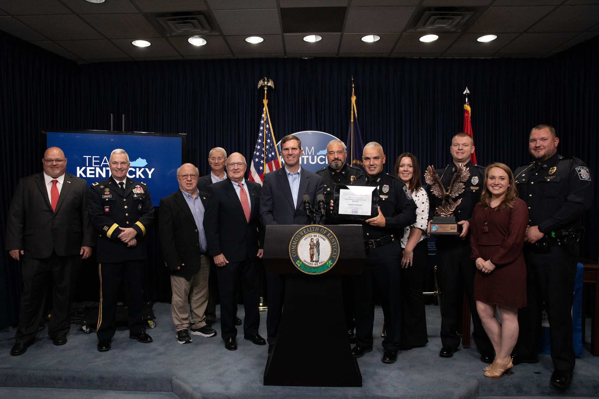 The Flemingsburg Police Department is awarded the Secretary of Defense Freedom Award at the Kentucky State Capitol in Frankfort, Ky. on Sept. 29, 2022. The Freedom Award is given to civilian employers of the Guard and Reserves by the ESGR for exceptional commitment to servicemembers' military careers. (U.S. Army photo by Andy Dickson)