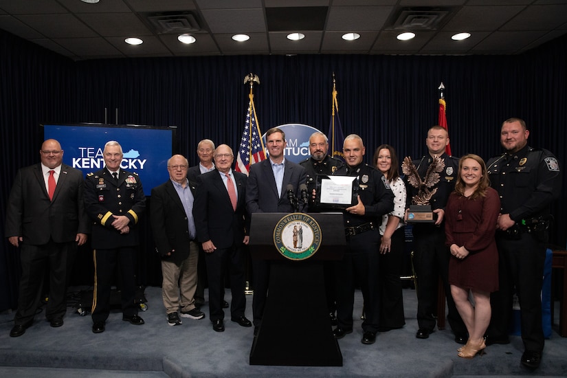 The Flemingsburg Police Department is awarded the Secretary of Defense Freedom Award at the Kentucky State Capitol in Frankfort, Ky. on Sept. 29, 2022. The Freedom Award is given to civilian employers of the Guard and Reserves by the ESGR for exceptional commitment to servicemembers' military careers. (U.S. Army photo by Andy Dickson)