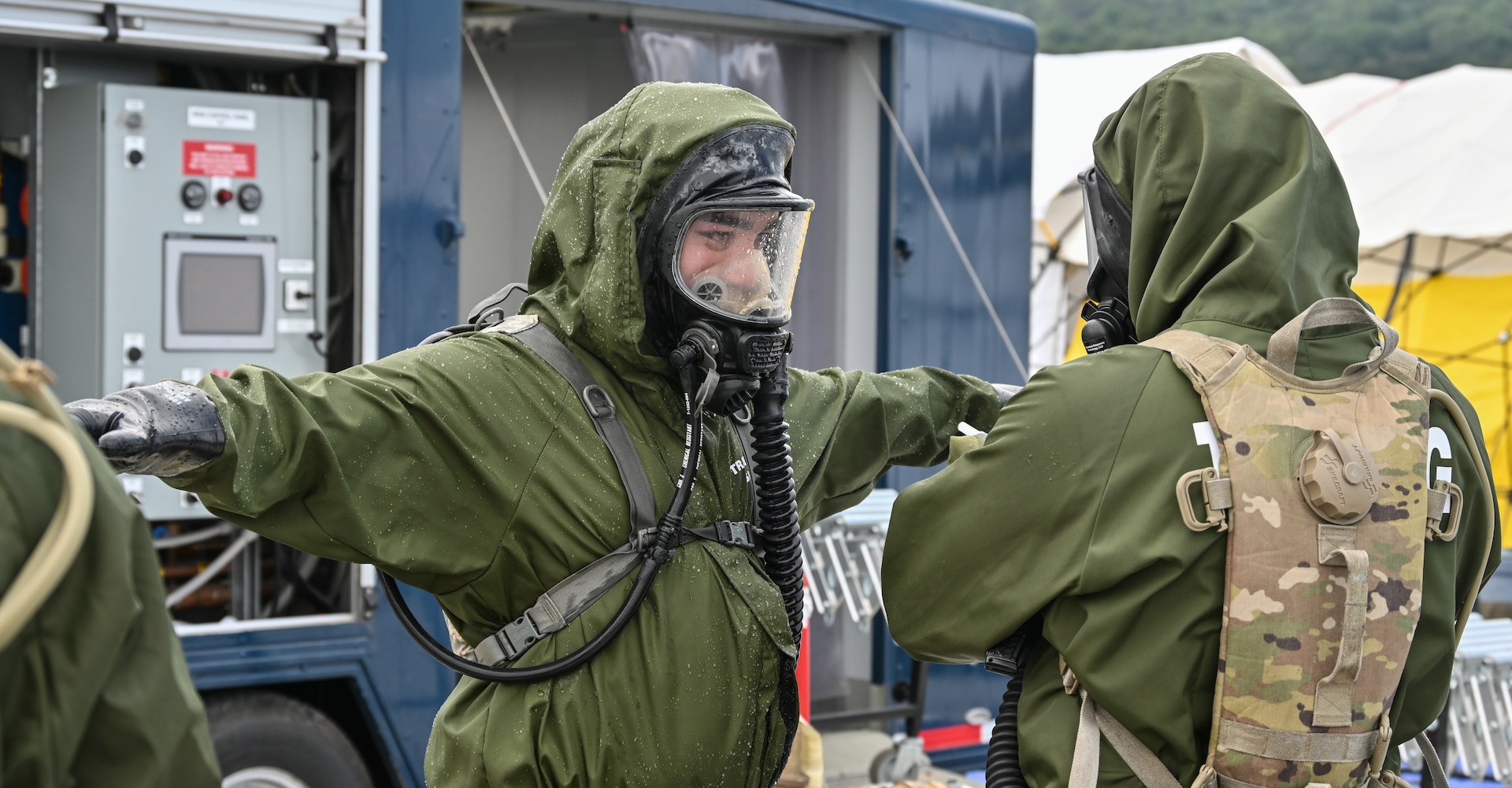 New York National Guard members of the 152nd Engineer Battalion decontaminate other Soldiers who have finished search and rescue operations as part of a Homeland Response Force validation exercise at Fort Indiantown Gap, Pennsylvania, Sept. 10, 2022. The exercise was to evaluate and prepare the units involved to respond to a manmade or natural disaster.