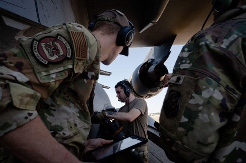 U.S. Air Force Senior Airman Nicholas Baron, 6th Airlift Squadron loadmaster, conducts single fuel operations on a C-17 Globemaster on Joint Base Langley-Eustis, V.A., Sept. 27, 2022.