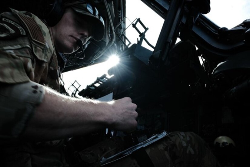 U.S. Air Force Capt. Christopher Allen, 6th Airlift Squadron deputy chief of squadron training, co-pilots a C-17 Globemaster over the Eastern seaboard, Sept. 28, 2022.