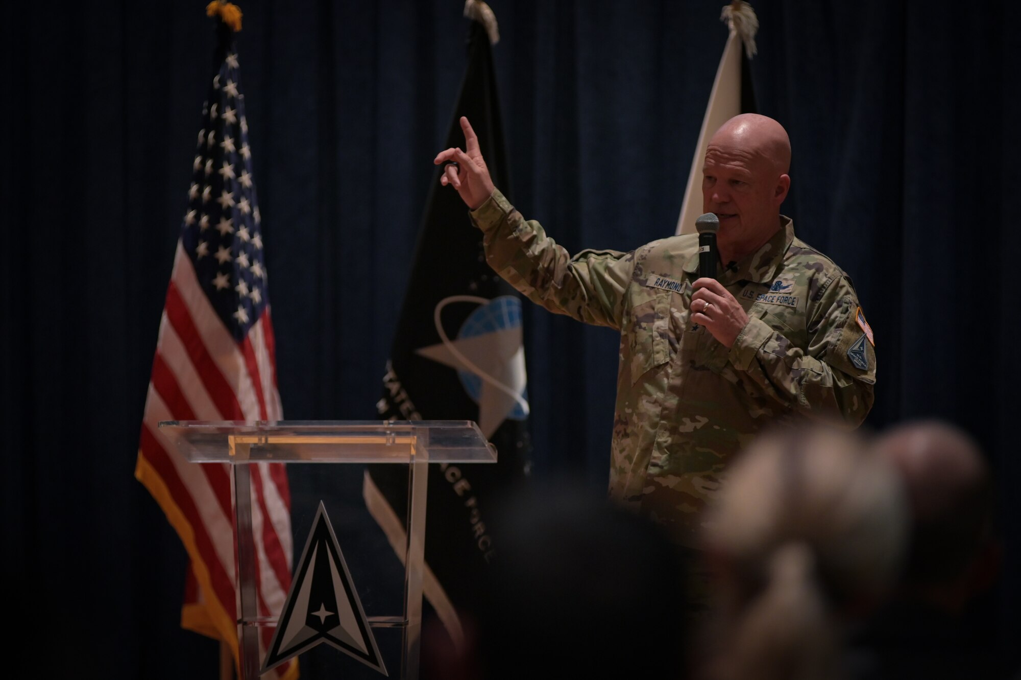 U.S. Space Force Gen. John "Jay" Raymond, Chief of Space Operations, discusses the importance of space and the cruciality of the Guardians that make assured access to space possible on Oct. 11, 2022, at Vandenberg Space Force Base, Calif. Gen. Raymond spoke about these matters during an all-call located on base. (U.S. Space Force photo by Airman First Class Rocio Romo)