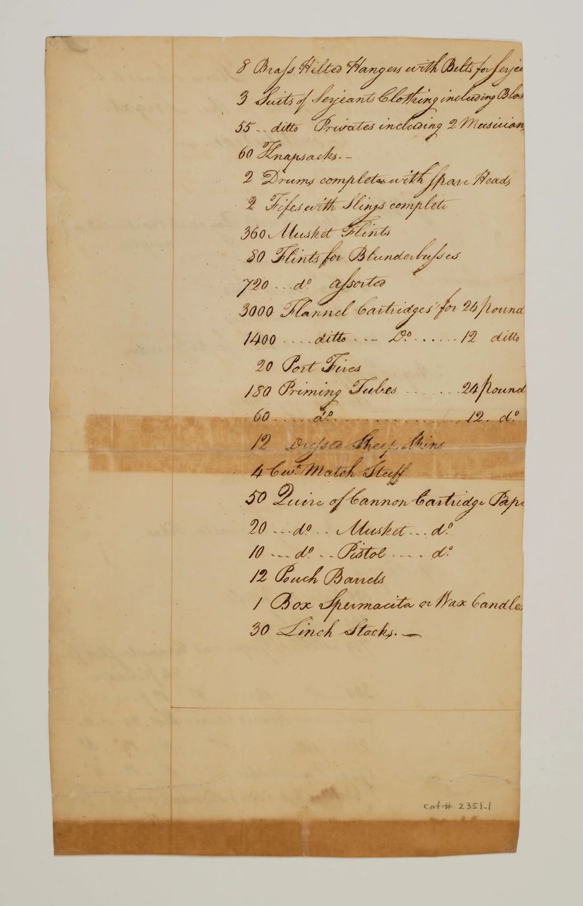 “List of military stores ordered to be transported to Boston for the Frigate Constitution,” 1797-1798. USS Constitution Museum Collection.