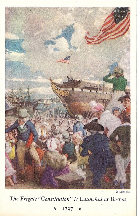 “The Frigate ‘Constitution’ is Launched in Boston, 1797.” 
A copy of Charles Hoffbauer’s mid-20th century fanciful depiction of the October 21st launch, painted for the New England Mutual Life Insurance Company of Boston. USS Constitution Museum Collection.