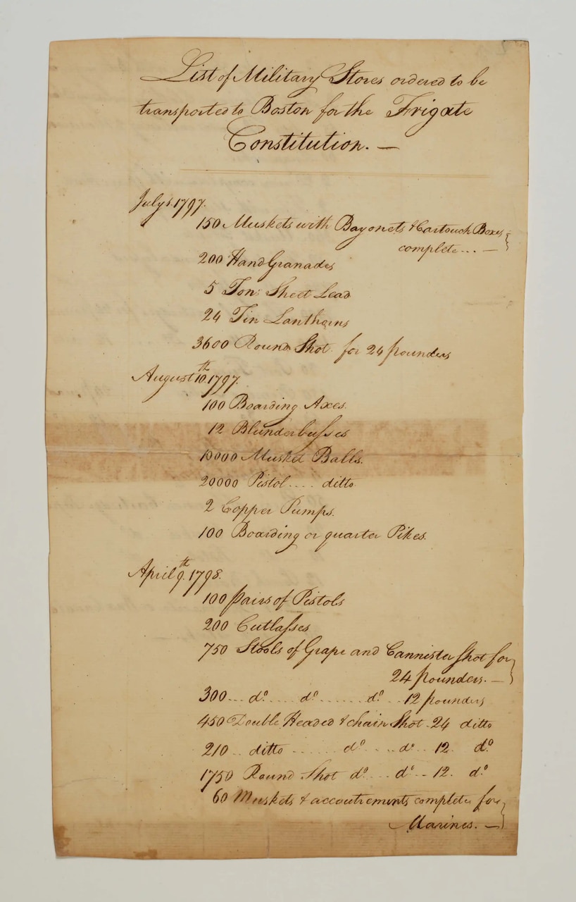 “List of military stores ordered to be transported to Boston for the Frigate Constitution,” 1797-1798. USS Constitution Museum Collection.