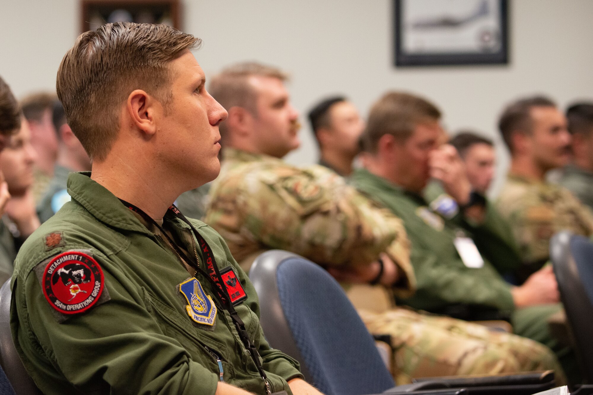 Exercise participants attend a Red Flag-Alaska 23-1 welcome briefing