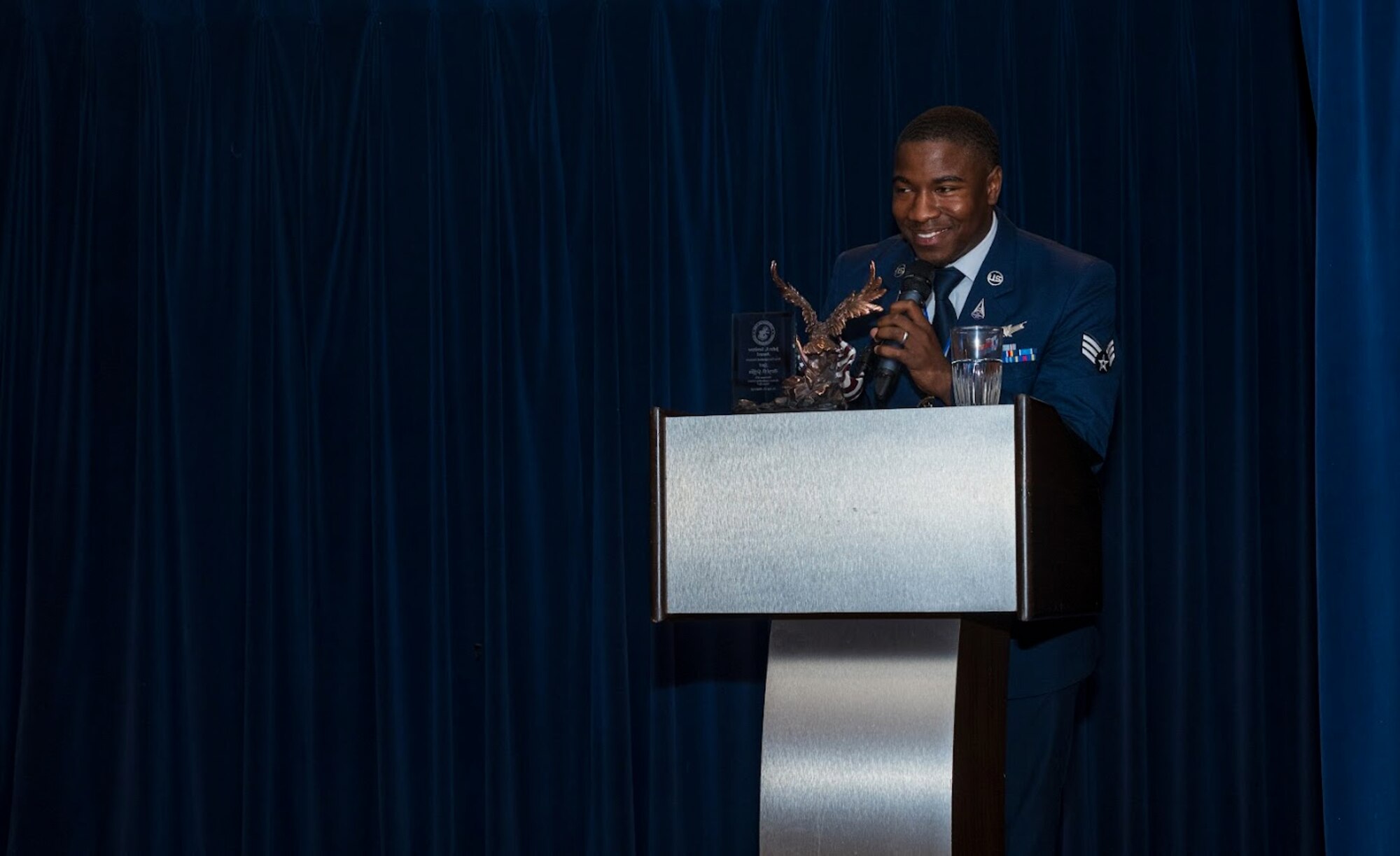 John L. Levitow winner, Spc. 4 Griffin, giving a thank you speech after receiving the award