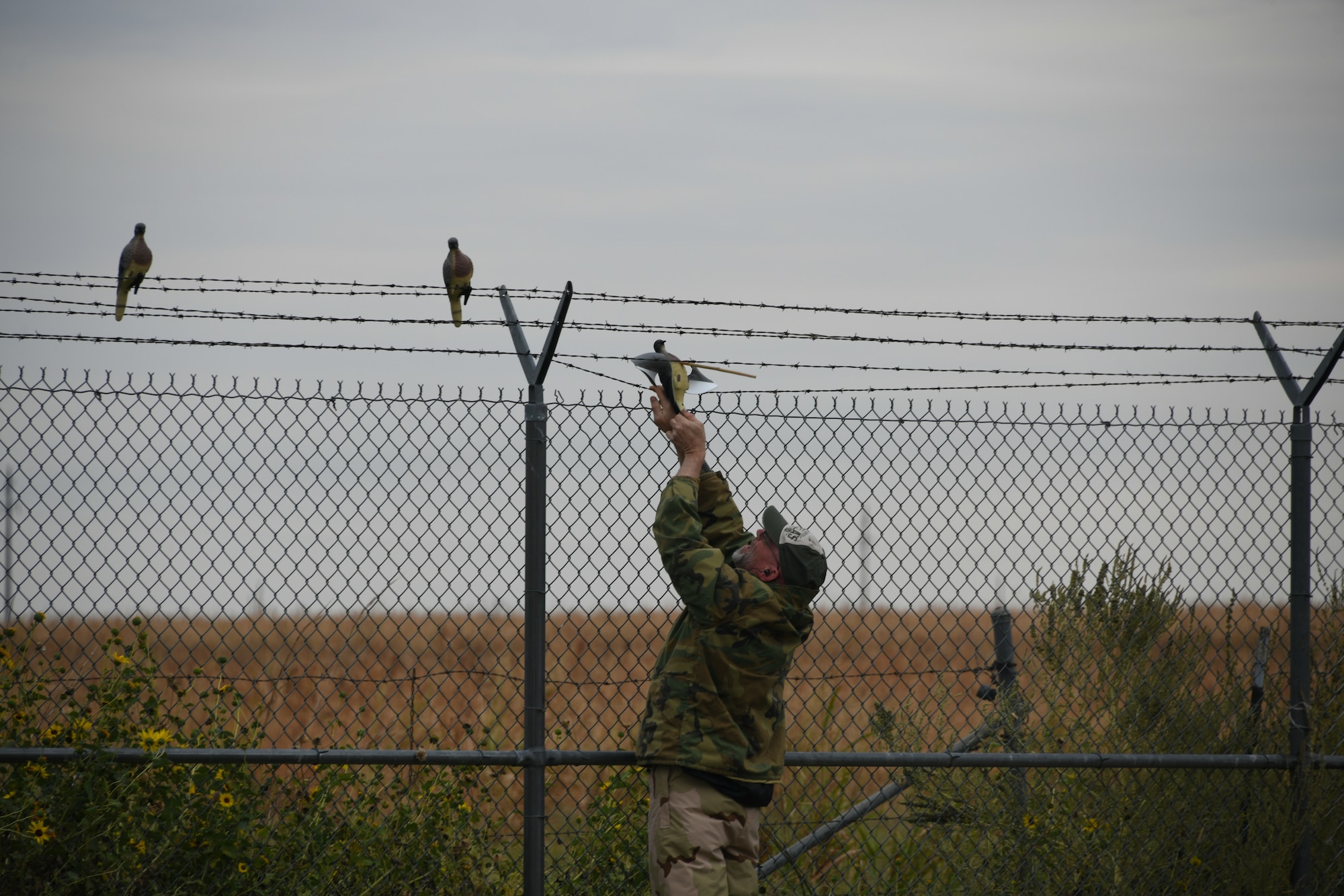 Greg Goskey places a decoy on a fence during a dove hunt at Altus Air Force Base, Oklahoma, Oct. 8, 2022. Decoys are life-like models of game used to lure animals toward a hunter's position. (U.S. Air Force photo by Airman 1st Class Miyah Gray)