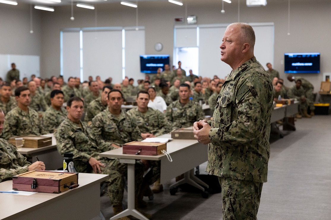 Master Chief Petty Officer of the Navy James Honea speaks with Sailors during an all-hands call with chief petty officers and chief selects at Silver Strand Training Complex.