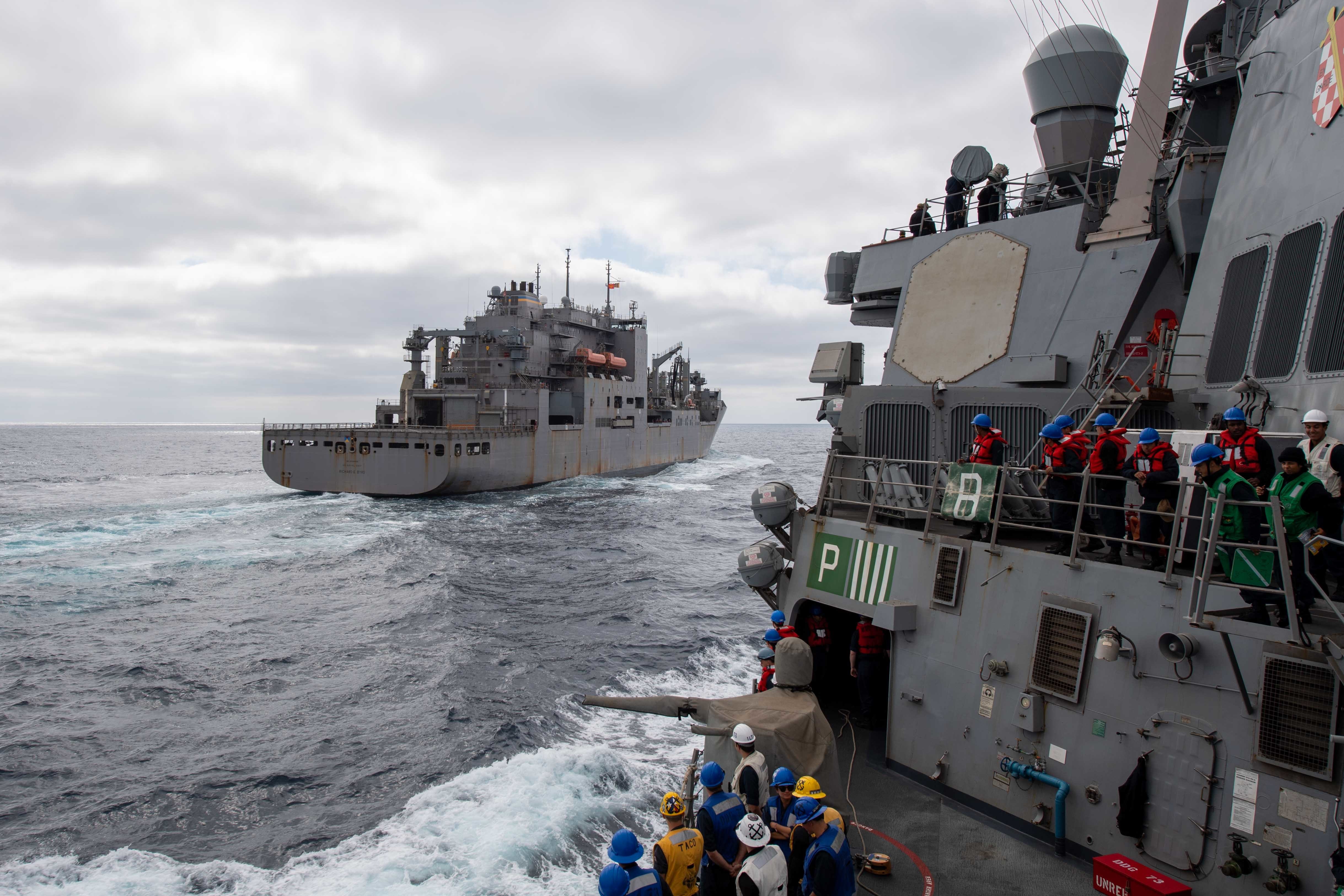 USS Decatur (DDG 73) pulls alongside the Military Sealift Command dry cargo ship USNS Robert E. Byrd (T-AKE 4) for a connected replenishment (CONREP).