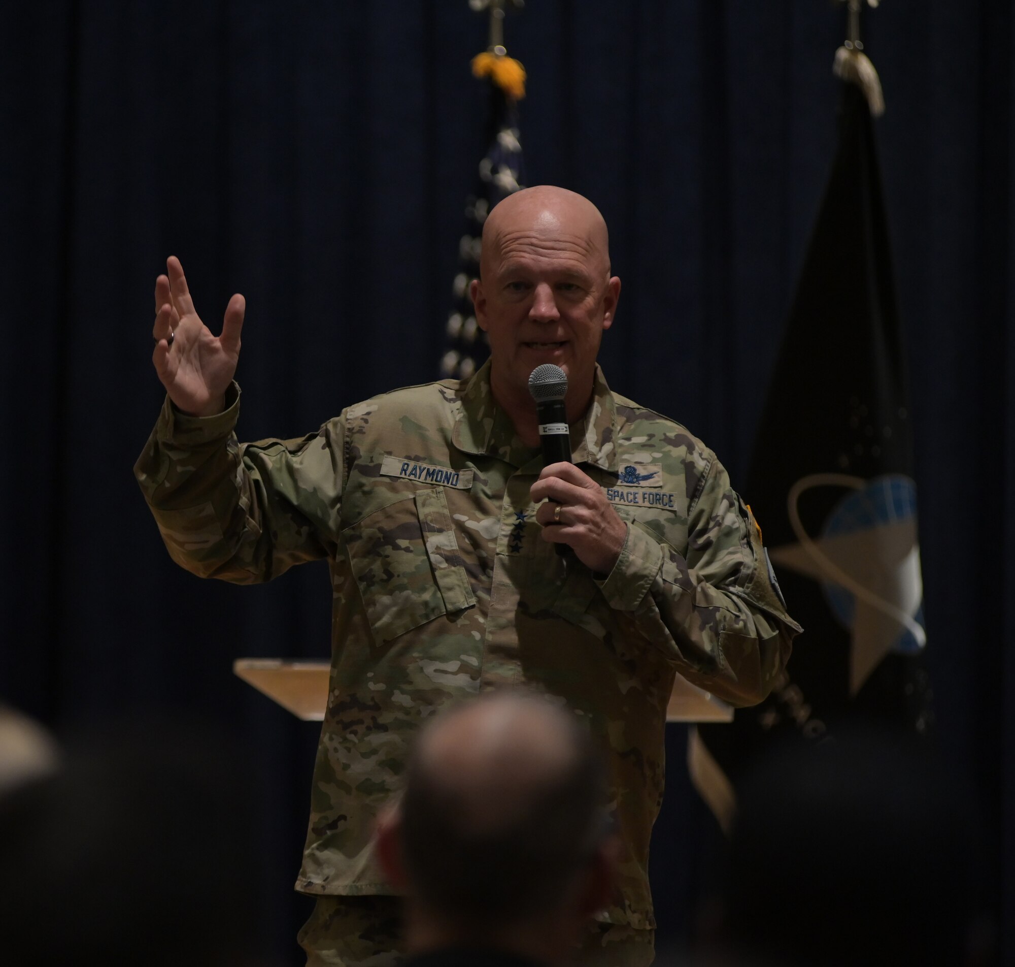 U.S. Space Force Gen. John "Jay" Raymond, Chief of Space Operations, discusses the importance of space and the cruciality of the Guardians that make assured access to space possible on Oct. 11, 2022, at Vandenberg Space Force Base, Calif. Gen. Raymond spoke about these matters during an all-call located on base. (U.S. Space Force photo by Airman First Class Rocio Romo)