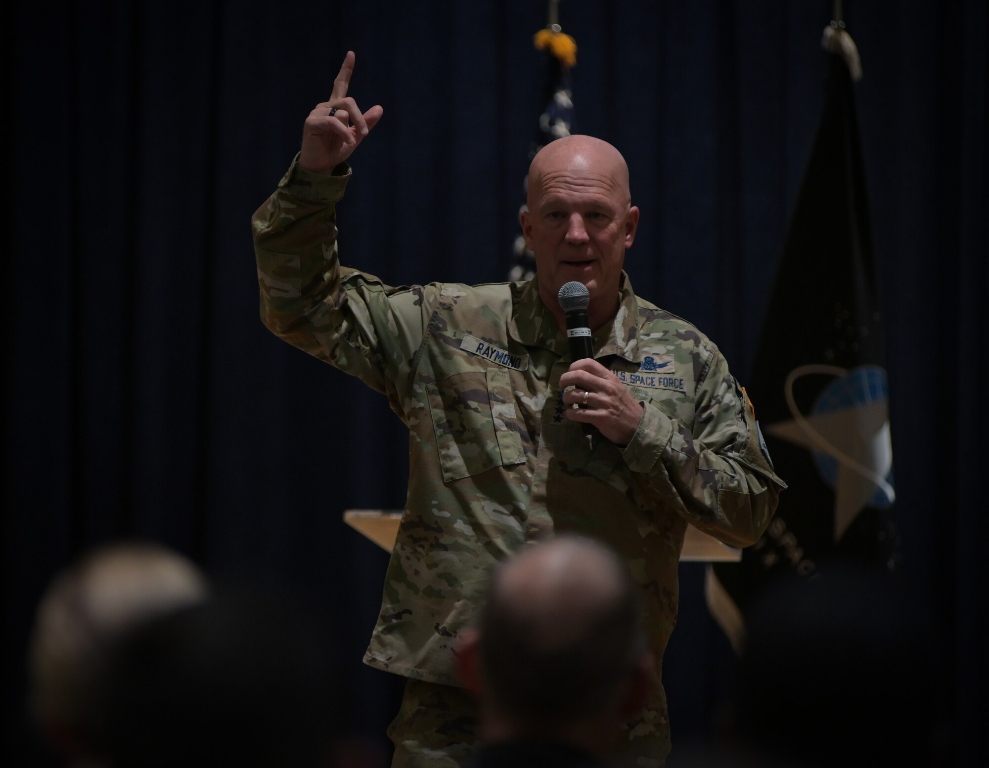 U.S. Space Force Gen. John "Jay" Raymond, Chief of Space Operations, discusses the importance of space and the cruciality of the Guardians that make assured access to space possible on Oct. 11, 2022, at Vandenberg Space Force Base, Calif. Gen. Raymond spoke about these matters during an all-call located on base. (U.S. Space Force photo by Airman First Class Rocio Romo)