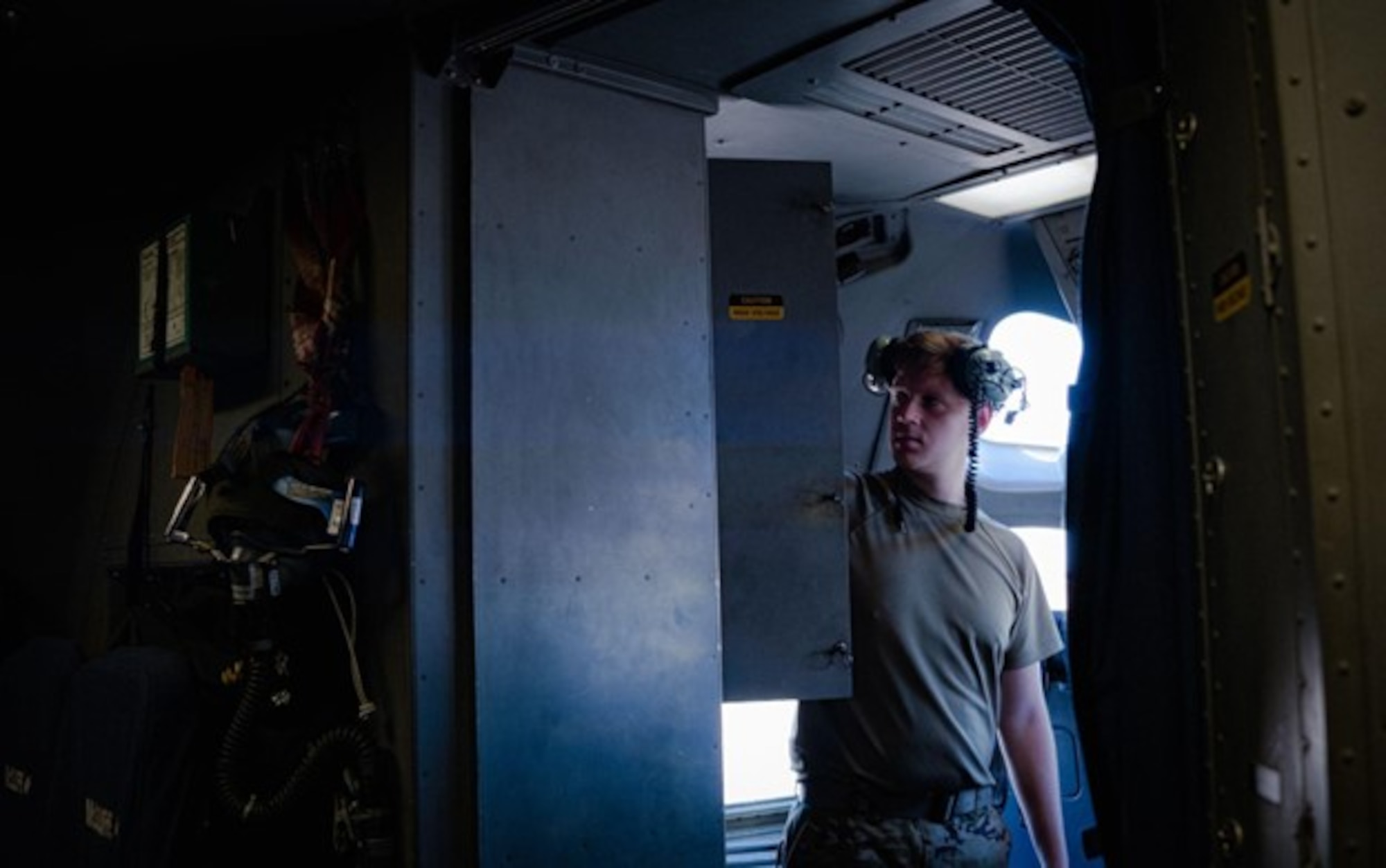 U.S. Air Force Airman 1st Class Jack Thompson, 305th Aircraft Maintenance Squadron flying crew chief, conducts diagnostics on a C-17 Globemaster at Joint Base Langley-Eustis, V.A., Sept. 27, 2022.