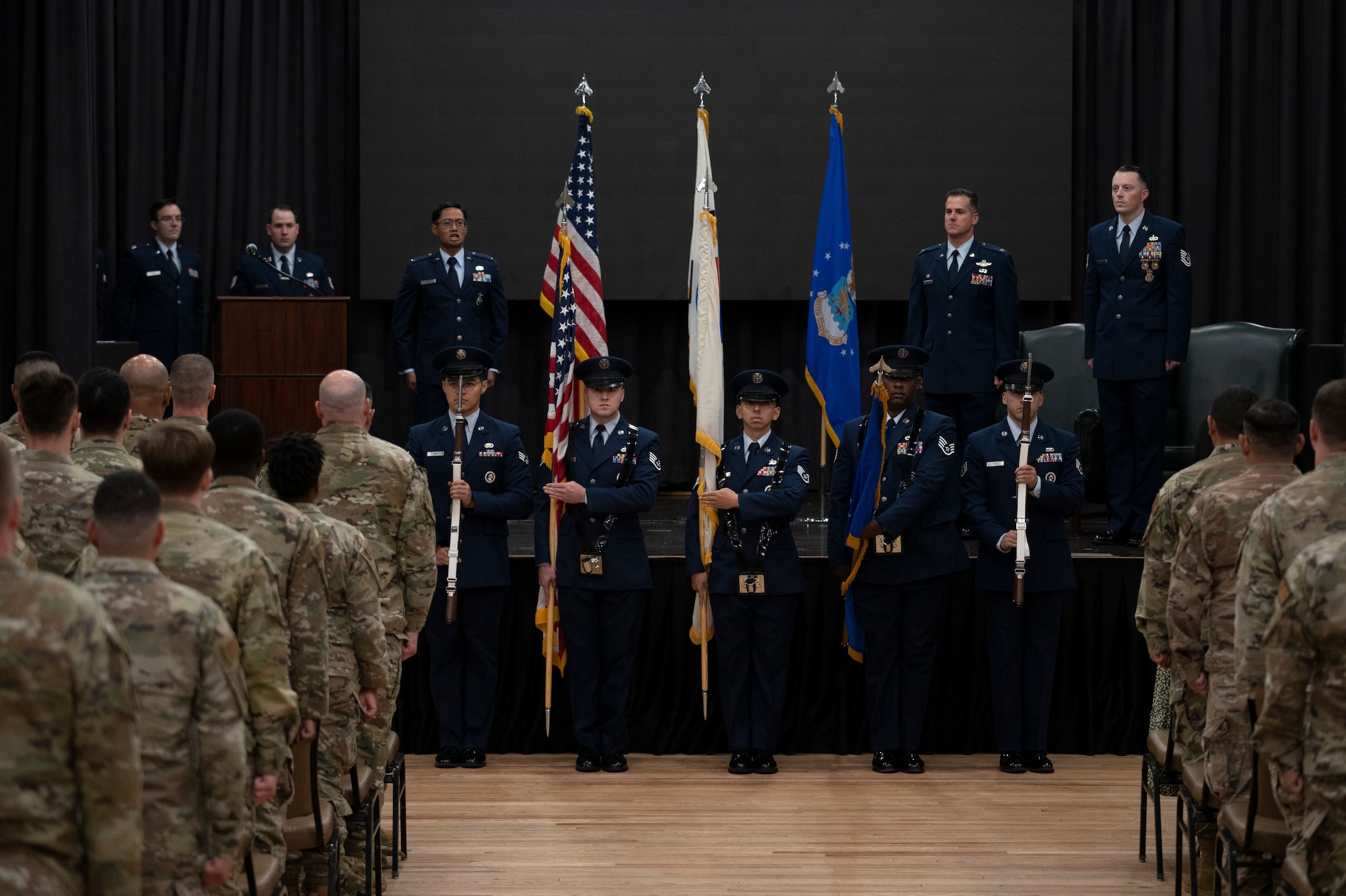 Osan Air Base Honor Guard presents the colors during a Bronze Star with Valor award ceremony at Osan Air Base, Republic of Korea, Oct. 12, 2022.